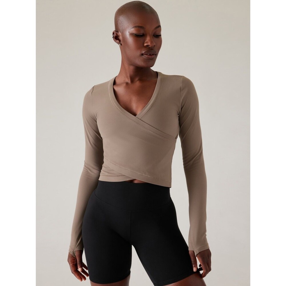 Athleta Taupe Long-Sleeve Transcend Wrap Crop Top Small